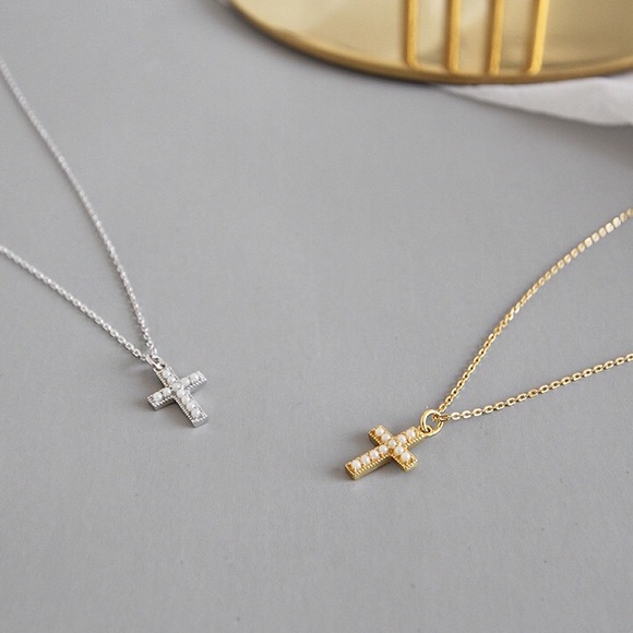 Dainty Pearl Cross Sterling Silver Gold Necklace - Picture 2 of 6